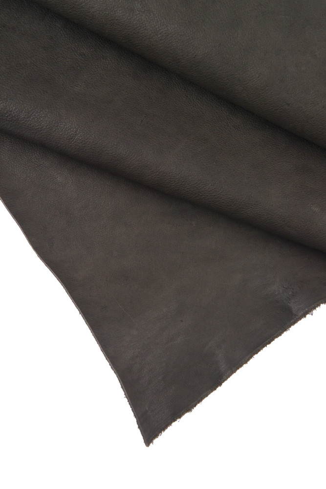 Dark GREY leather hide, washed vegetable tan cowhide, mud gray wrinkled soft calfskin, 1.5 - 1.7 mm