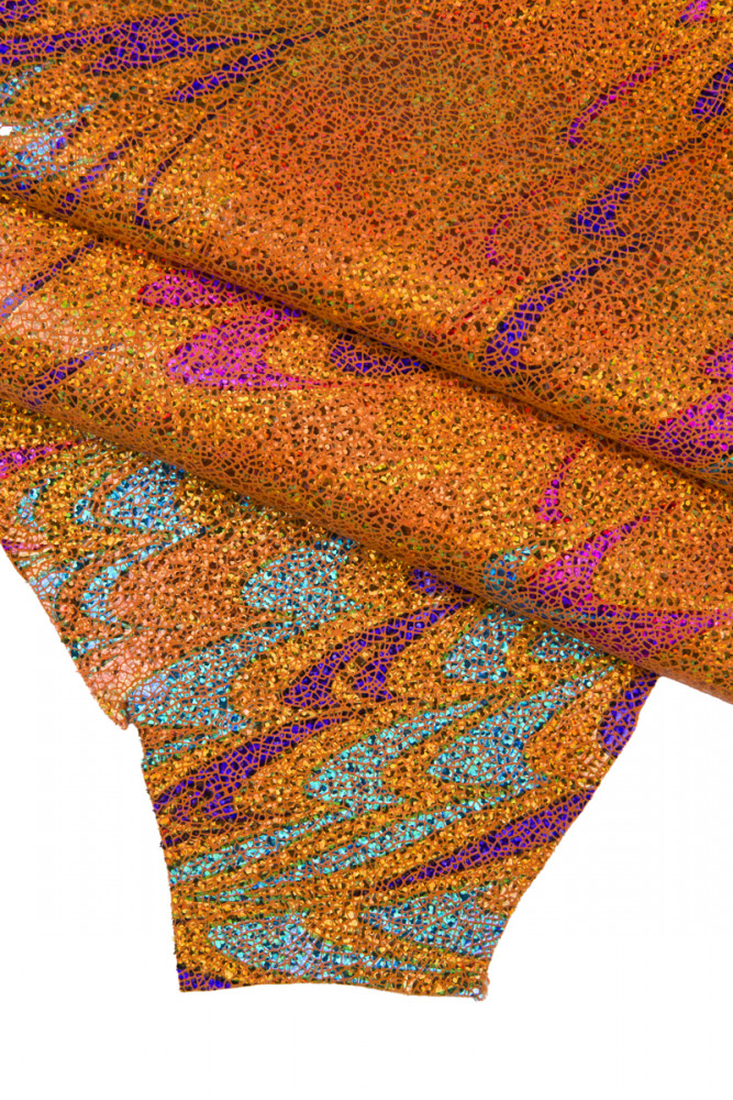 ORANGE metallic leather skin, iridescent crackle printed abstract pattern goatskin, soft bright hide