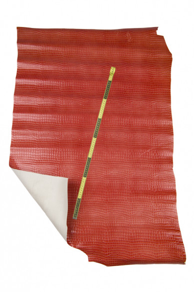 Pellame stampa COCCO rosso, pelle rossa lucida motivo coccodrillo, vitello stampato, semi rigido, 0.7 0.9 mm