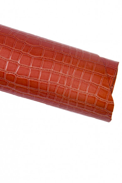 Pellame stampa COCCO rosso, pelle rossa lucida motivo coccodrillo, vitello stampato, semi rigido, 0.7 0.9 mm