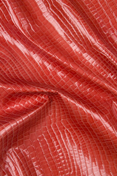 Pellame stampa COCCO rosso, pelle rossa lucida motivo coccodrillo, vitello stampato, semi rigido, 0.7 0.9 mm