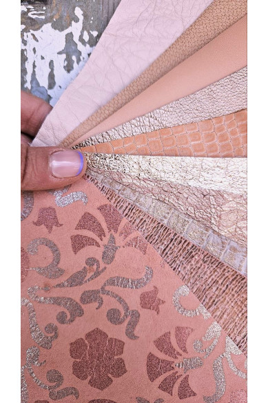 10 Ritagli di pellami unici selezionati, stampati sui toni ROSA, pezzi mix di fantasie come da foto RT212