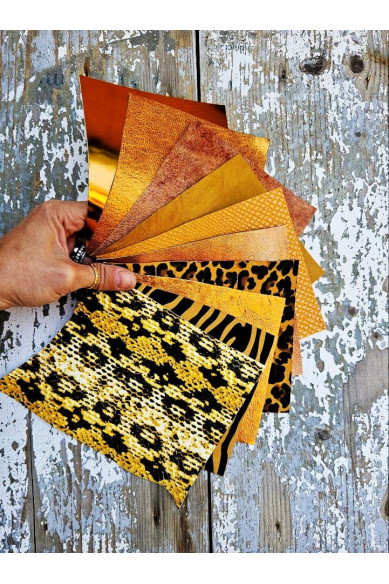 10 Ritagli di pellami unici selezionati, stampati tonalità GIALLO e ARANCIONE, pezzi mix di fantasie come da foto RT219