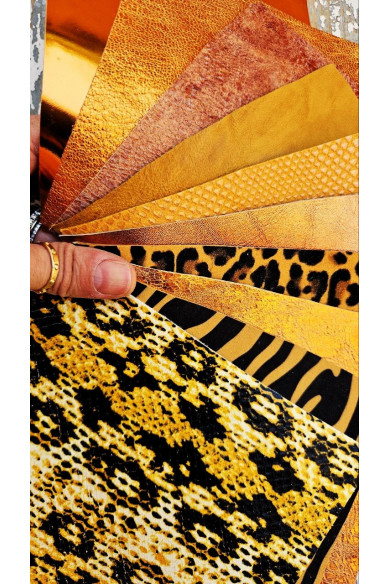 10 Ritagli di pellami unici selezionati, stampati tonalità GIALLO e ARANCIONE, pezzi mix di fantasie come da foto RT219