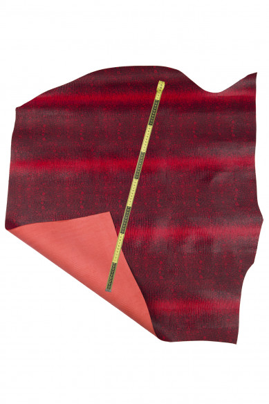 Pellame rosso nero stampa LUCERTOLA, pelle disegno lizard rossa e nera, vitello rigido semi lucido