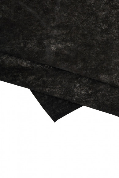 Pellame SCAMOSCIATO nero con glitter acciaio, crosta di vitello metallizzata, pelle sportiva aspetto vintage