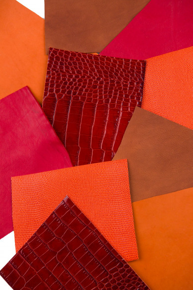 10 Ritagli di pellami unici selezionatI, toni ROSSO e ARANCIONE, pezzi di pelle assortimento come da foto