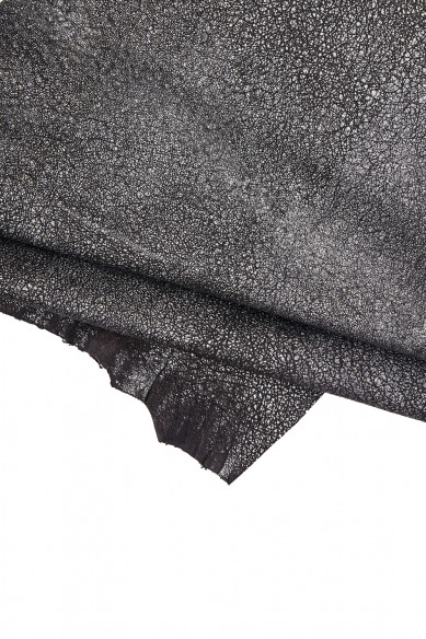 BLACK steelmetal leather skin, wrinkled goatskin, metallic aged distressed hide 0.9 - 1.0 mm