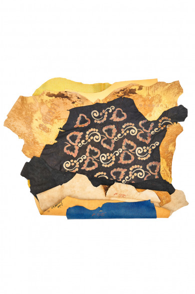 Assortment of 4 YELLOW leather hides, pack of matching printed perforated hair on leather skins and 1 smooth calfskin