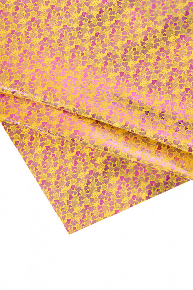 Pelle giallo viola stampa CUORI, pellame scamosciato laminato, camoscio su capra metallizzato stampato, morbido, luminoso