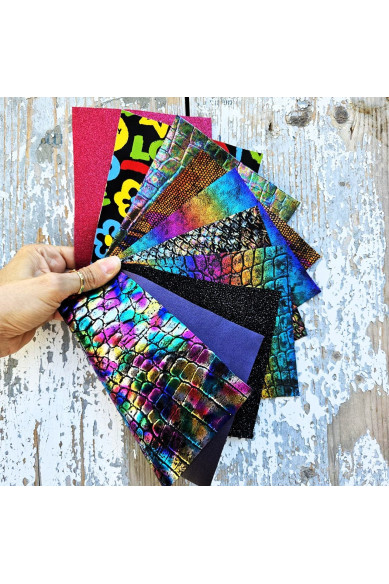 10 Ritagli di pellami unici selezionati, stampe varie, pezzi mix di fantasie come da foto RT221