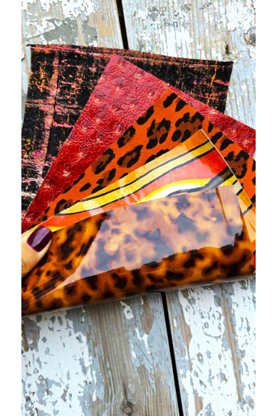 5 Selected leather scraps, RED and ORANGE tones, printed and metalic printed, mix selection leather remnants as per pictures