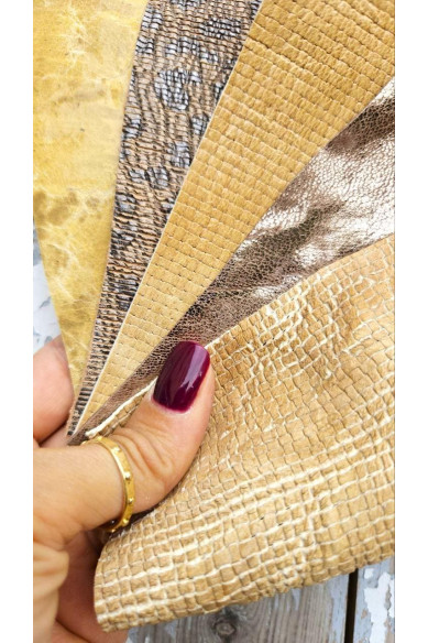 5 Ritagli di pellami unici selezionati, toni del BEIGE, stampe varie, laminate e non, pezzi mix di fantasie come da foto