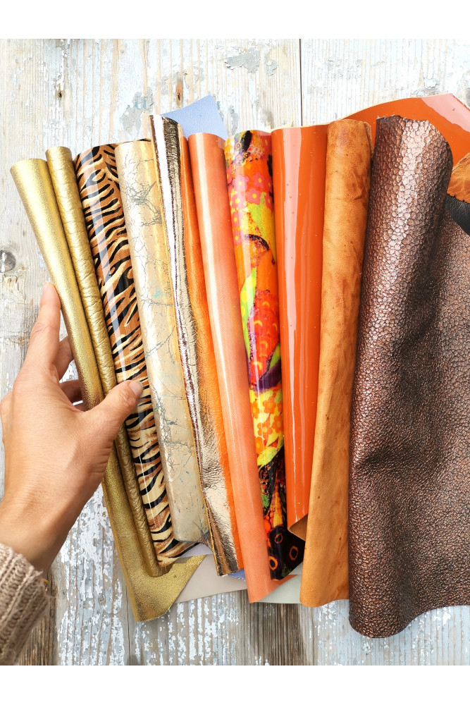 10 Selected leather scraps, GOLD, TAN...
