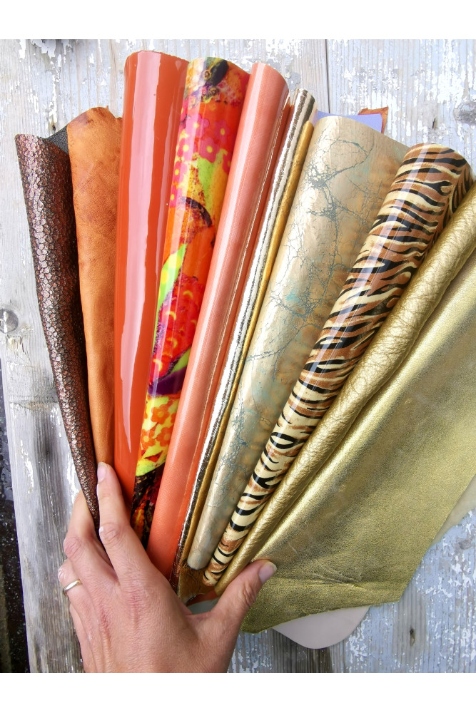 10 Selected leather scraps, GOLD, TAN...