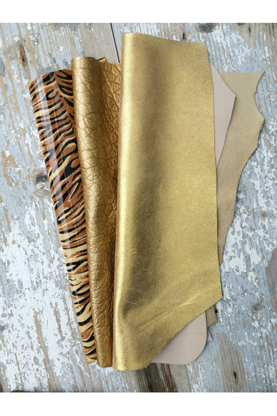 10 Selected leather scraps, GOLD, TAN and other tones, mix colorful selection leather remnants as per pictures