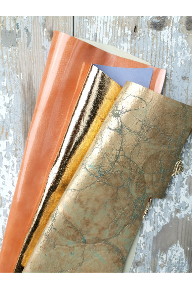 10 Selected leather scraps, GOLD, TAN and other tones, mix colorful selection leather remnants as per pictures