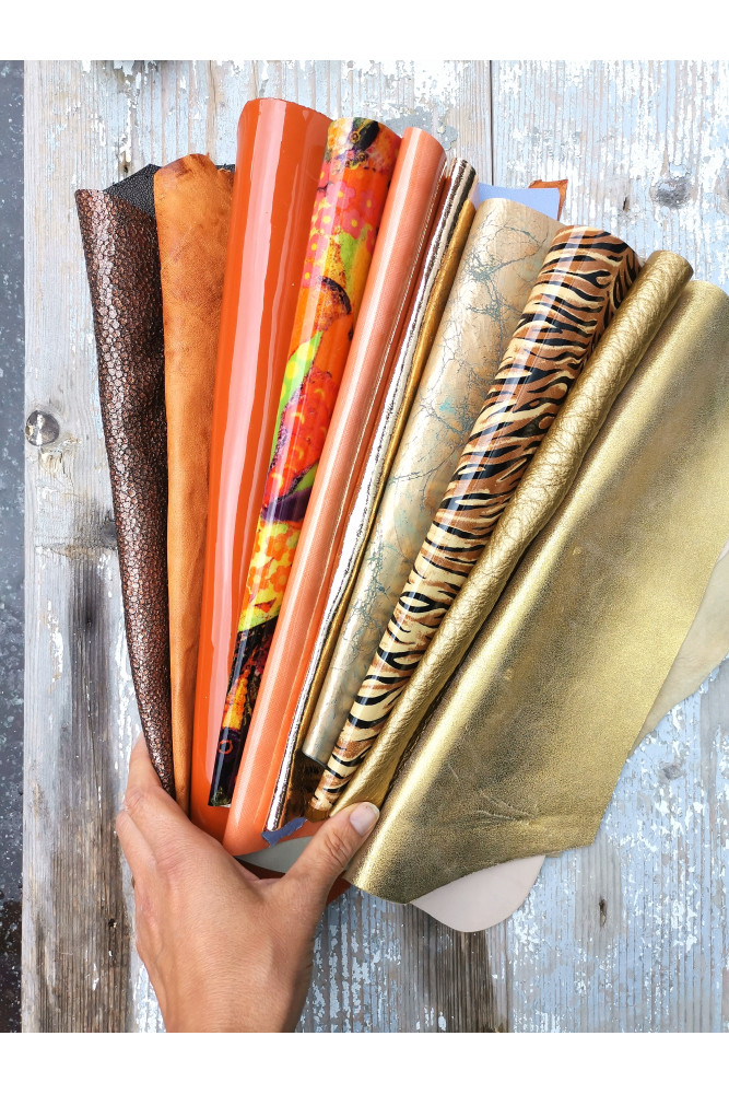 10 Selected leather scraps, GOLD, TAN...