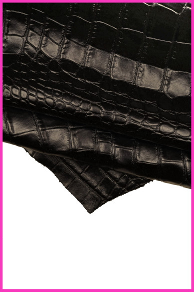 Pellame stampato COCCODRILLO NERO, vitello motivo animalier lucido, pelle disegno alligatore morbidezza media B15454-TB