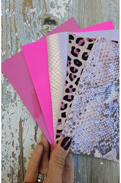 5 Selected leather scraps, FUCHSIA and PINK tones, printed and metalic printed, mix selection leather remnants as per pictures