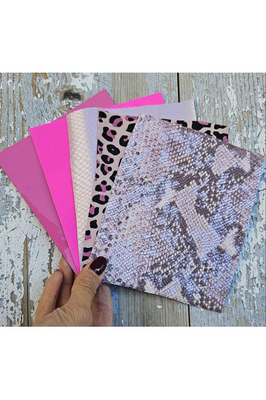 5 Selected leather scraps, FUCHSIA and PINK tones, printed and metalic printed, mix selection leather remnants as per pictures