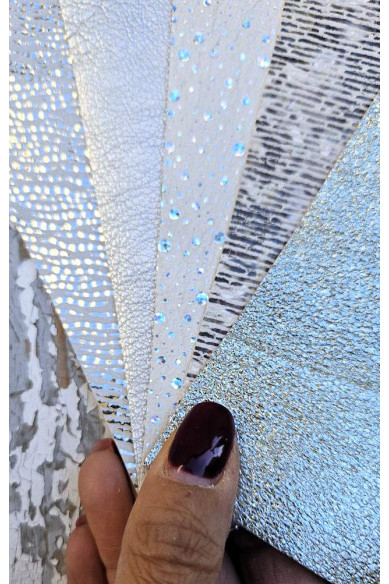 5 Selected leather scraps,SILVER, WHITE tones, printed and metalic printed,mix selection leather pieces as per pictures