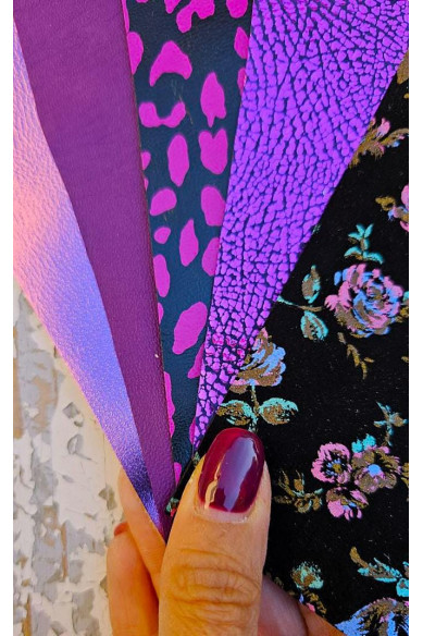 5 Ritagli di pellami unici selezionati, color VIOLA, stampe varie, laminate e non, pezzi mix di fantasie come da foto