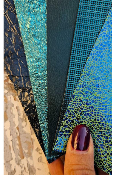 5 Ritagli di pellami unici selezionati, color VERDE, stampe varie, laminate e non, pezzi mix di fantasie come da foto