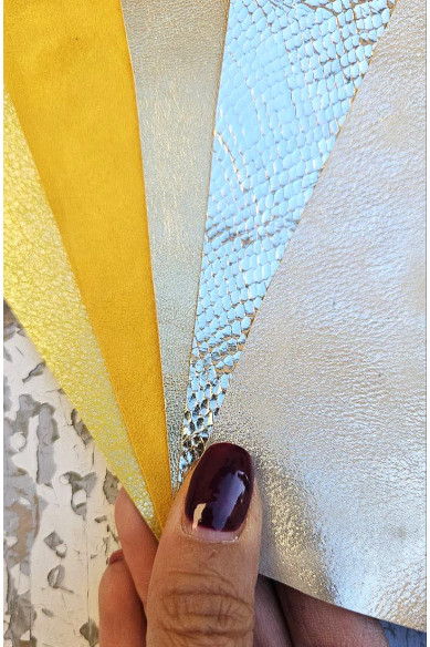 5 Selected leather scraps, YELLOW and GOLD tones, printed and metalic printed,mix selection leather pieces as per pictures