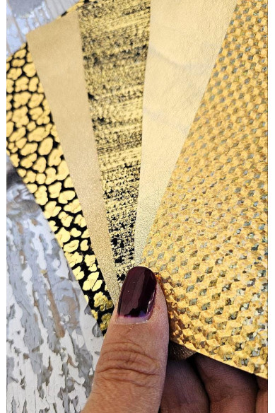 5 Selected leather scraps, GOLD and BLACK tones, printed and metalic printed,mix selection leather pieces as per pictures