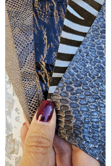 5 Selected leather scraps, BROWN and SILVER tones, printed and metalic printed,mix selection leather pieces as per pictures