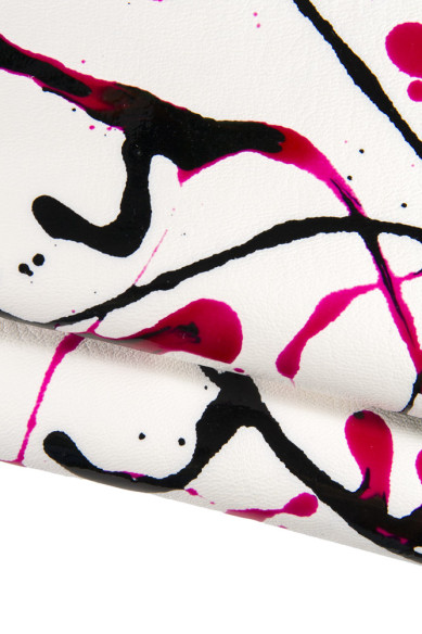 PELLE stampa SCHIZZO fuxia nero su base bianca, capra dipinta a mano fantasia pollock, pellame unico per hobbisti