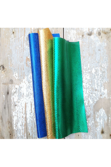 3 selected leather scraps, gold, green, blue GLITTER iridescent METALLIC 3 bright tones as per pictures, in different sizes