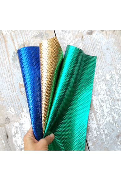 Ritagli di pellami unici selezionati, scampoli LAMINATI GLITTER oro, verde, blu iridescente in varie misure