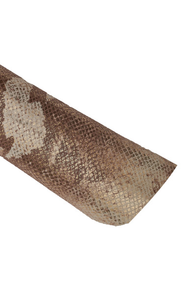 Brown white gold metallic PYTHON textured leather skin, snake printed soft goatskin, reptile pattern on bright hide