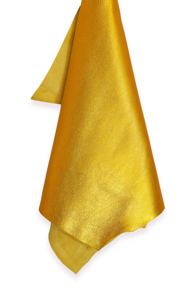 Pellame giallo oro con GRANA, vitello laminato stampato, pelle metallizzata morbida, 1.8 - 2.0 mm
