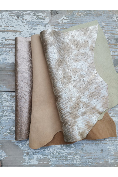10 Selected leather scraps, STEELMETAL, BEIGE, light gold tones, mix colorful selection leather remnants as per pictures