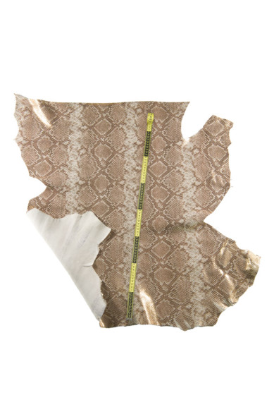PYTHON printed metallic leather skin, white brown reptile texture on gold METALLIC goatskin, snake pattern on glossy soft hide