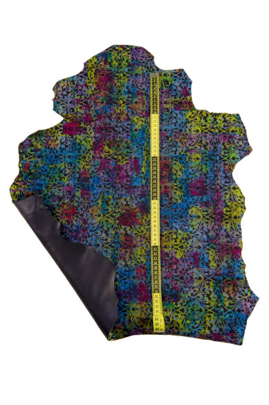 Pelle FLOREALE multicolor, pellame scamosciato nero con stampa fiori colorati, ideale per artigianato