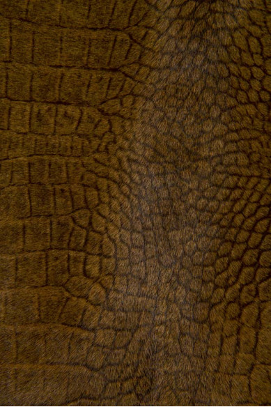 Brown CROCODILE textured hair on leather hide, animal croc printed aged hairy cowhide