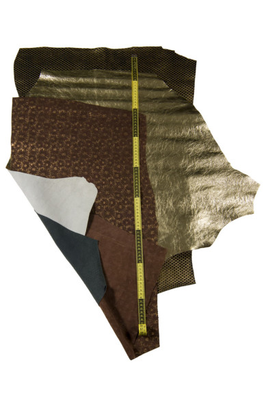 Lotto di 3 pelli ORO marrone, assortimento di pellami laminati stampati luminosi e morbidi, abbinati come da foto