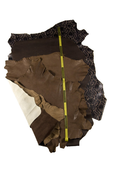 Mix of 4 BROWN leather hides, assortment of 2 sporty wrinkled goatskins, 1 pebble grain printed cowhide, 1 python textured skin