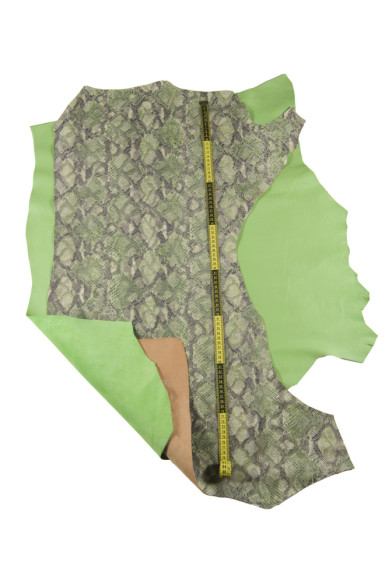 Lotto di 2 pelli di lusso tono VERDE, pellami abbinati nappa liscia e PITONE qualità top perfetti per l'artigianato