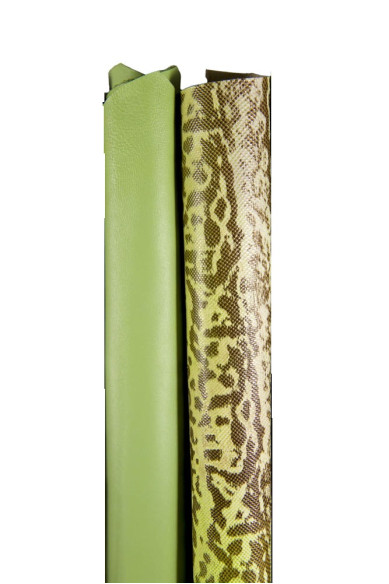 Set of 2 GREEN matching leather skins, top quality italian hides, nappa sheepskin and PYTHON printed cowhide for DIY projects