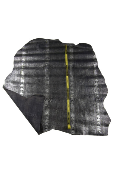 Black silver OSTRICH leg printed leather hide, metallic embossed cowhide, soft bright calfskin, 0.8 - 1.0 mm