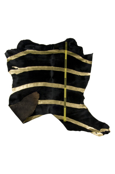 Hair on leather hide with maxi ZEBRA print, GOLD animal texture on black pony calfskin
