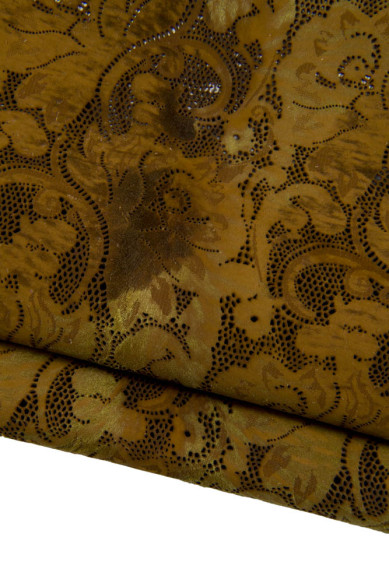 FLORAL printed hair on leather hide, brown green PERFORATED pony calfskin flower texture on hairy cowhide