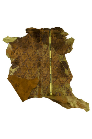 FLORAL printed hair on leather hide, brown green PERFORATED pony calfskin flower texture on hairy cowhide