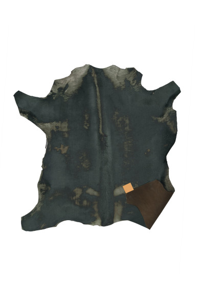 Dark green HAIR ON leather hide, VINTAGE distressed pony calfskin, aged soft cowhide