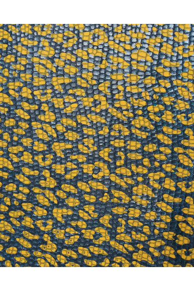 Pelle ANIMALIER disegno leopardo giallo su base laminata blu stampata COCCODRILLO, pellame capra motivo ghepardo